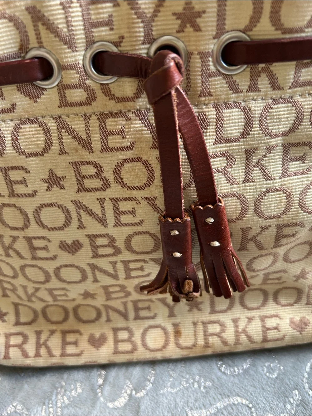 NEW  & Bourke Small Tassle Tan and Brown Logo Jacquard Tote with Leather Trim